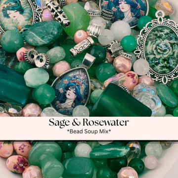 Sage and Rosewater Bead Soup Mix | Sage Green and Blush Glass Beads | Art Nouveau Lady Cabochon Pendants | DIY Jewelry Making