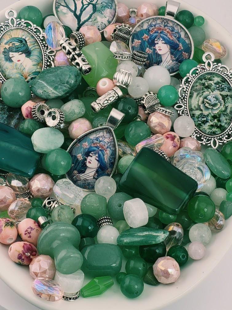 Sage and Rosewater Bead Soup Mix | Sage Green and Blush Glass Beads | Art Nouveau Lady Cabochon Pendants | DIY Jewelry Making