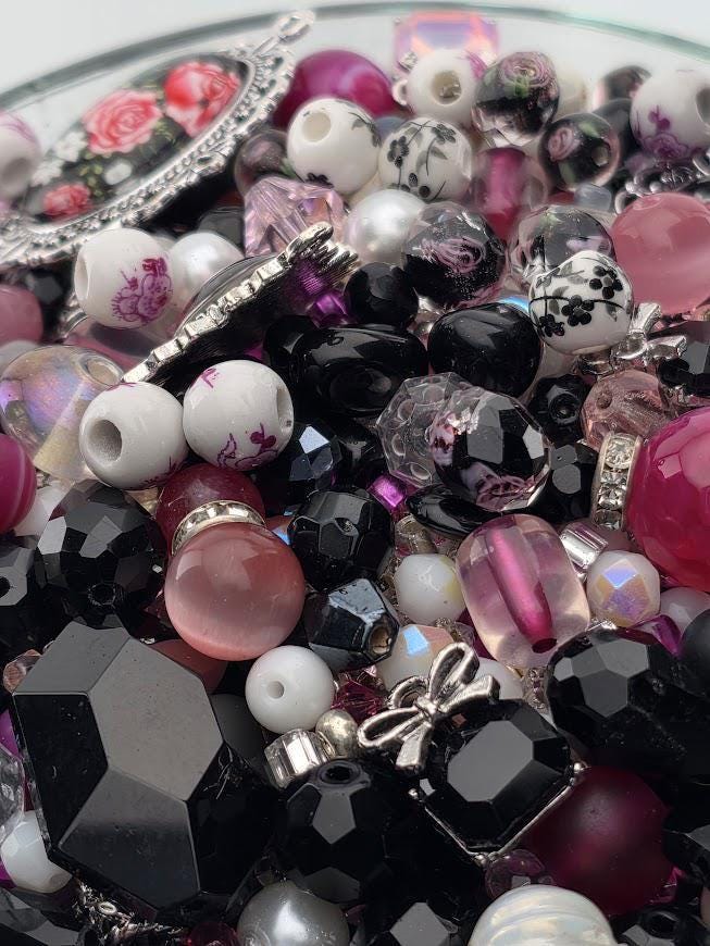 Mademoiselle Bead Soup Mix | Black, Pink and Pearl Glass Beads | Vintage Clock and Rose Pendants | DIY Jewelry Making | Learise Curated Mix