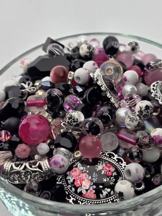 Mademoiselle Bead Soup Mix | Black, Pink and Pearl Glass Beads | Vintage Clock and Rose Pendants | DIY Jewelry Making | Learise Curated Mix