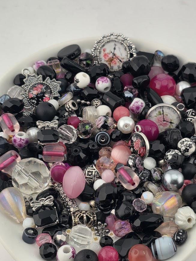 Mademoiselle Bead Soup Mix | Black, Pink and Pearl Glass Beads | Vintage Clock and Rose Pendants | DIY Jewelry Making | Learise Curated Mix