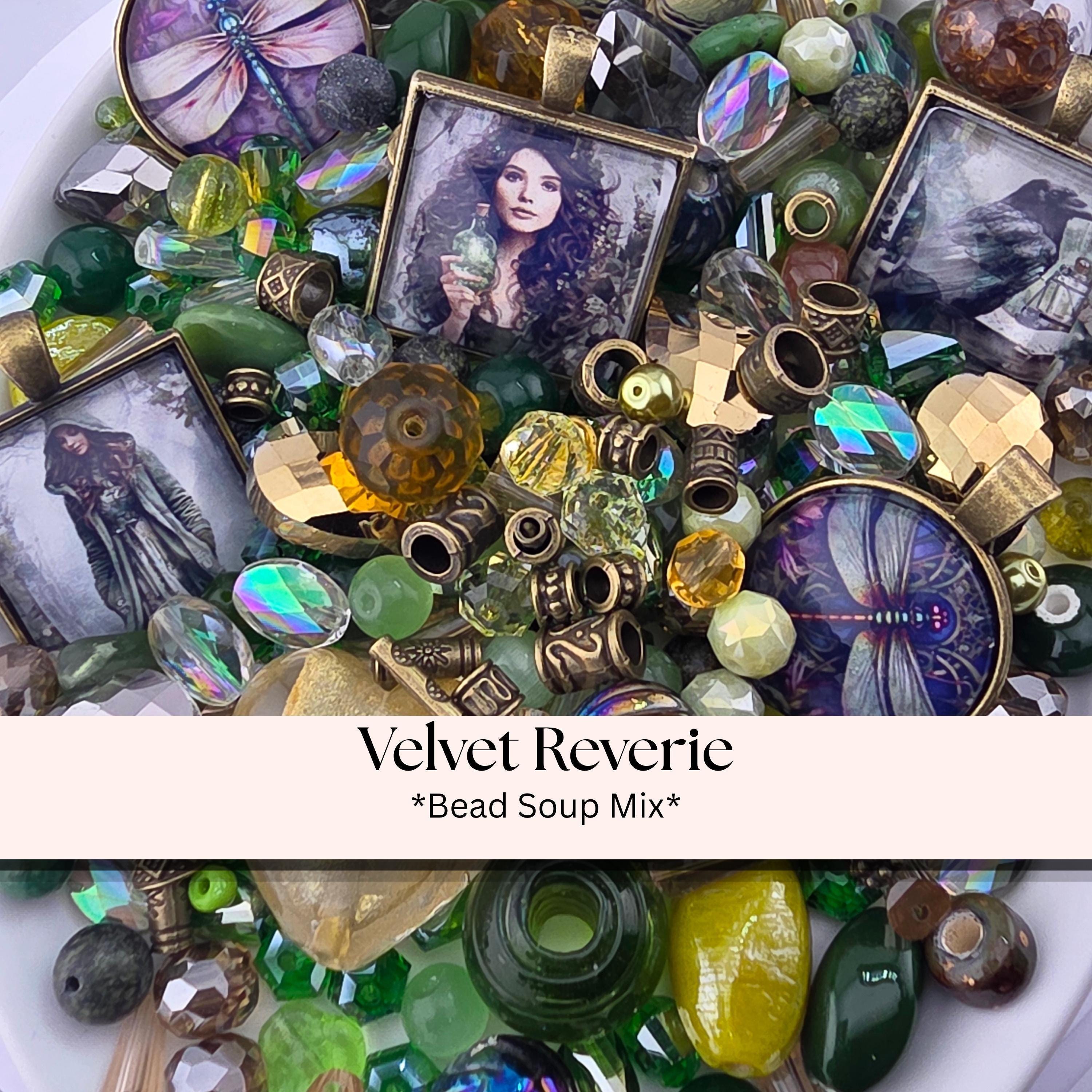 Velvet Reverie Bead Soup Mix | Emerald and Plum Glass Beads | Dragonfly and Fae Cabochon Pendants | DIY Jewelry Making | Learise Curated Mix