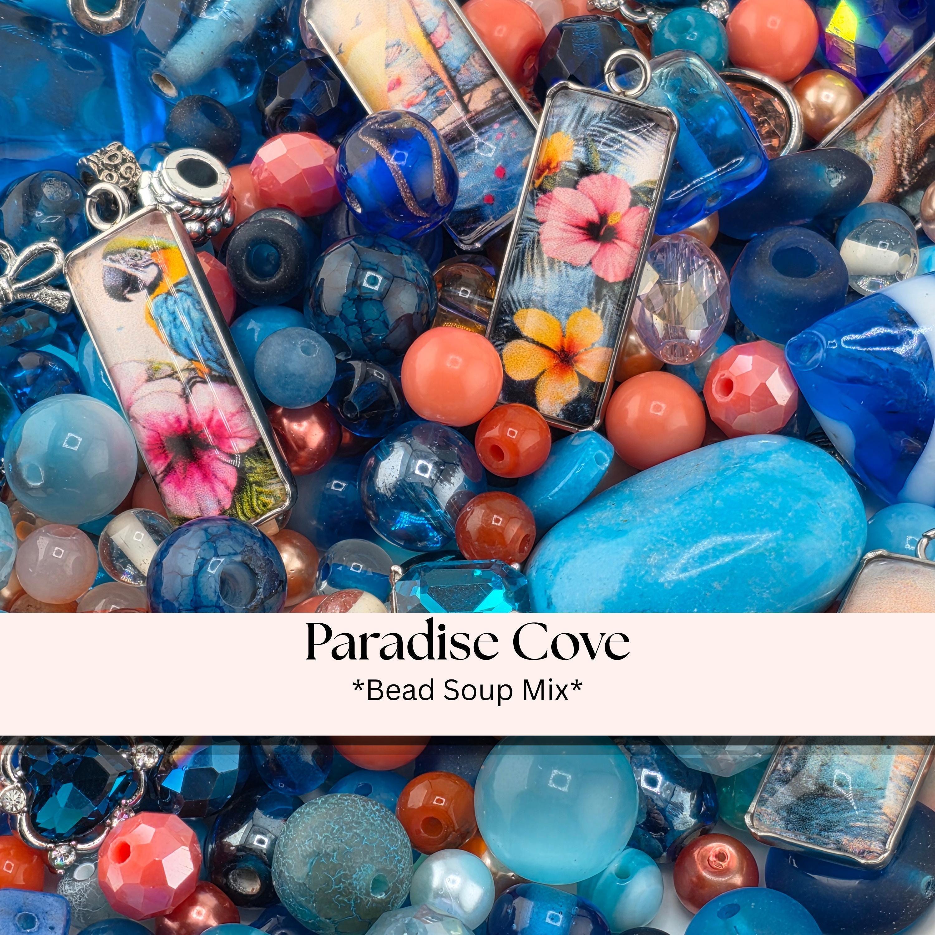 Paradise Cove Bead Soup Mix | Ocean Blue and Coral Glass Beads | Tropical Parrot and Hibiscus Cabochon Pendants | DIY Jewelry Making