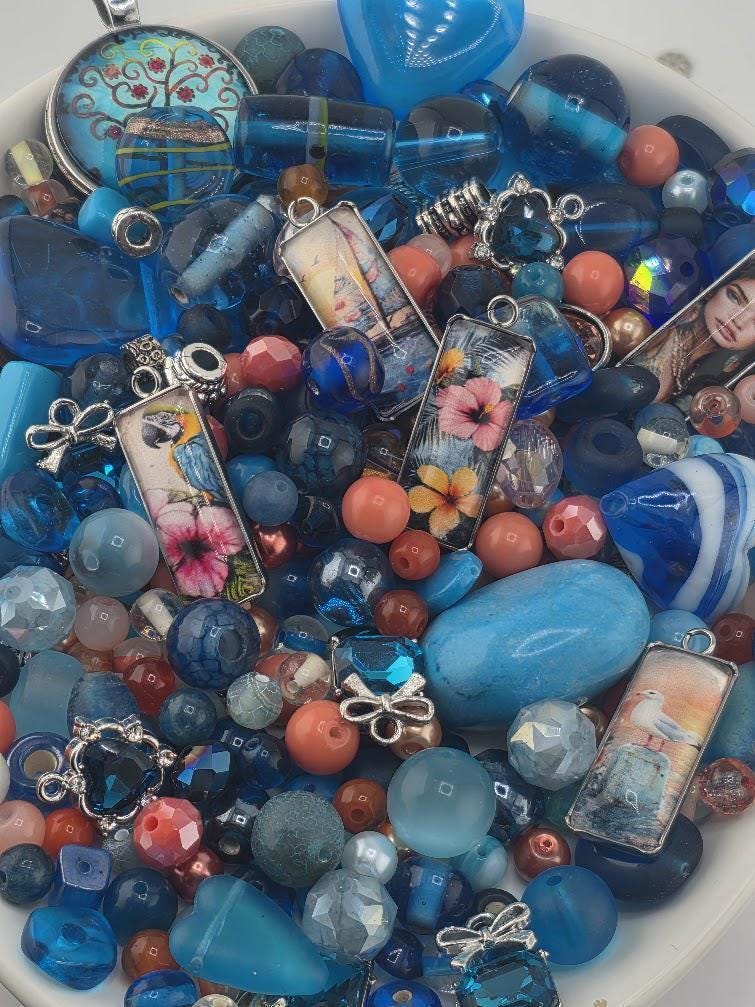Paradise Cove Bead Soup Mix | Ocean Blue and Coral Glass Beads | Tropical Parrot and Hibiscus Cabochon Pendants | DIY Jewelry Making