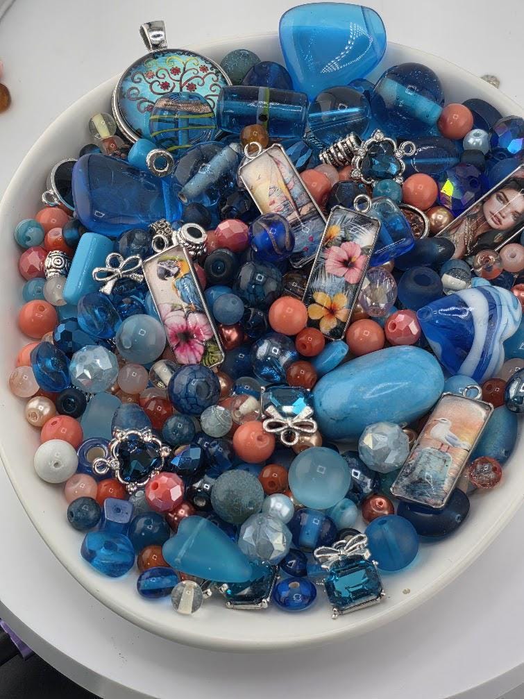 Paradise Cove Bead Soup Mix | Ocean Blue and Coral Glass Beads | Tropical Parrot and Hibiscus Cabochon Pendants | DIY Jewelry Making