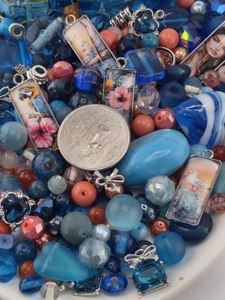 Paradise Cove Bead Soup Mix | Ocean Blue and Coral Glass Beads | Tropical Parrot and Hibiscus Cabochon Pendants | DIY Jewelry Making