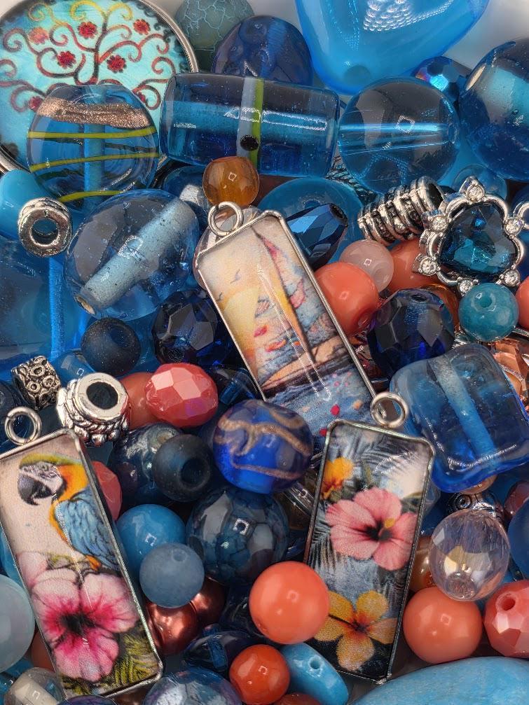 Paradise Cove Bead Soup Mix | Ocean Blue and Coral Glass Beads | Tropical Parrot and Hibiscus Cabochon Pendants | DIY Jewelry Making