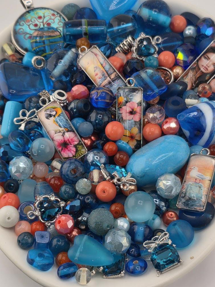 Paradise Cove Bead Soup Mix | Ocean Blue and Coral Glass Beads | Tropical Parrot and Hibiscus Cabochon Pendants | DIY Jewelry Making