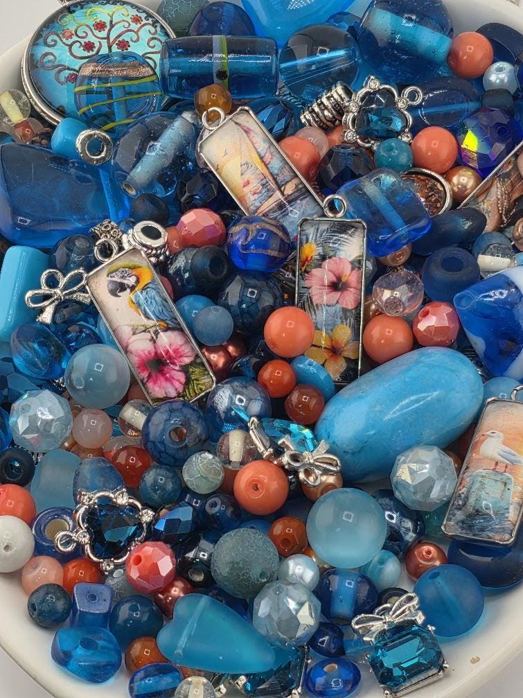 Paradise Cove Bead Soup Mix | Ocean Blue and Coral Glass Beads | Tropical Parrot and Hibiscus Cabochon Pendants | DIY Jewelry Making