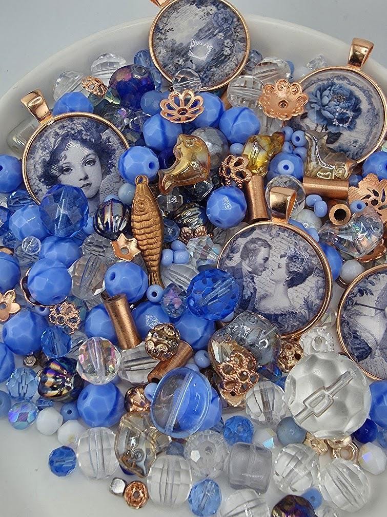 Belle Époque Bead Soup Mix | Periwinkle and Rose Gold Glass Beads | Vintage Portrait Cabochon Pendants | DIY Jewelry Making
