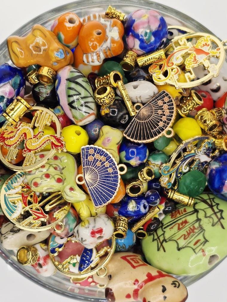 Porcelain Bead Soup Mix - Silk Road | Hand-Painted Porcelain Cloisonne Beads | Cloisonne Fan / Koi Pendants | DIY Jewelry Making Supply