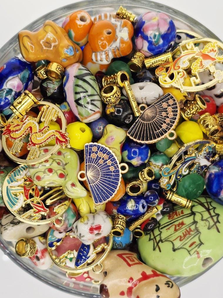Porcelain Bead Soup Mix - Silk Road | Hand-Painted Porcelain Cloisonne Beads | Cloisonne Fan / Koi Pendants | DIY Jewelry Making Supply