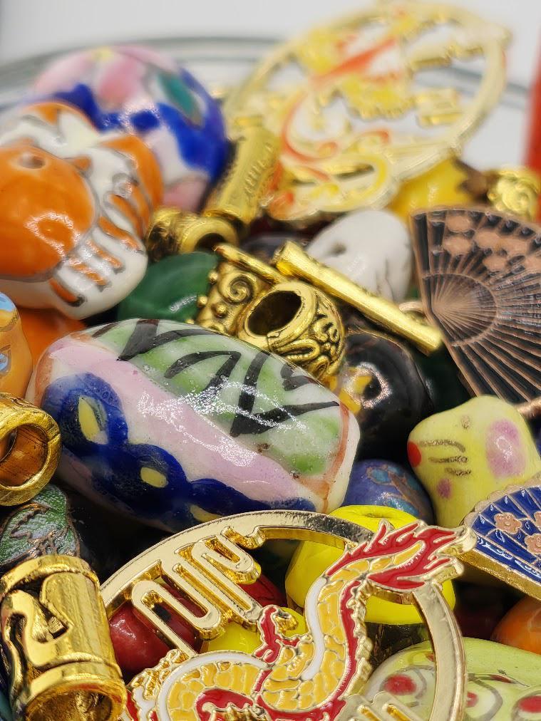 Porcelain Bead Soup Mix - Silk Road | Hand-Painted Porcelain Cloisonne Beads | Cloisonne Fan / Koi Pendants | DIY Jewelry Making Supply