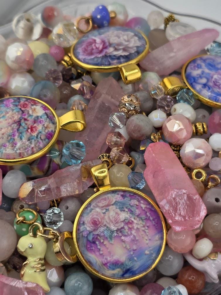 Sugared Almonds Bead Soup Mix | Pastel Pink and Gold Glass Beads | Cloisonne Floral Cabochon Pendants | DIY Jewelry Making