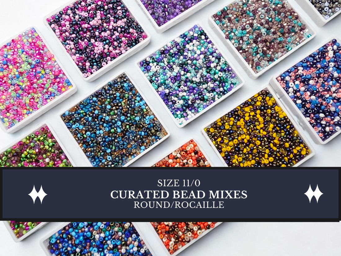 a collection of various colored beads arranged in multiple rows and columns, with a label indicating that they are "CURATED BEAD MIXES" in different sizes.