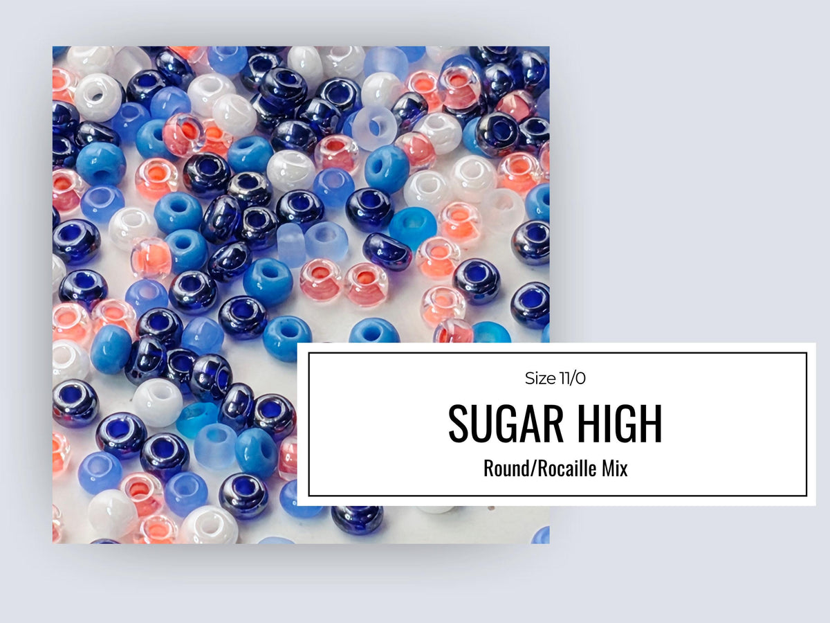 The image is a collage of various colored beads, including blue, white, and red beads, arranged in a visually appealing manner.