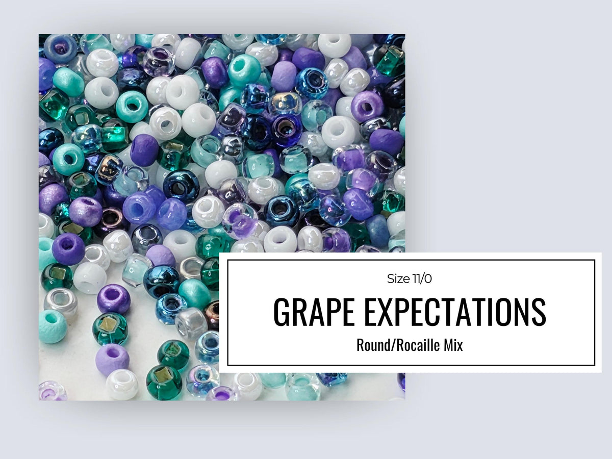 The image is a collage of various colorful beads, including purple, blue, green, and white beads, arranged in a visually appealing manner.