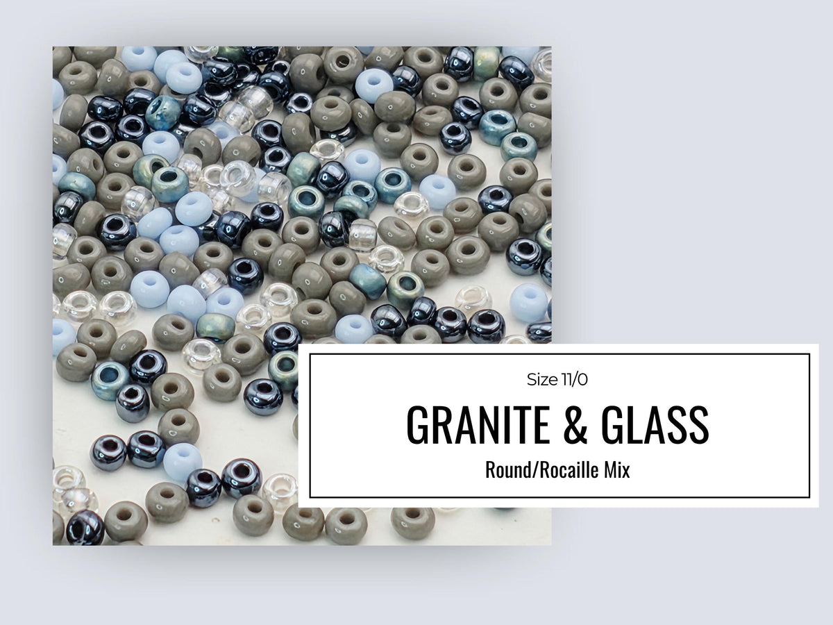 The image is a collage of various beads, including those that appear to be made of granite and glass, scattered across a white background.