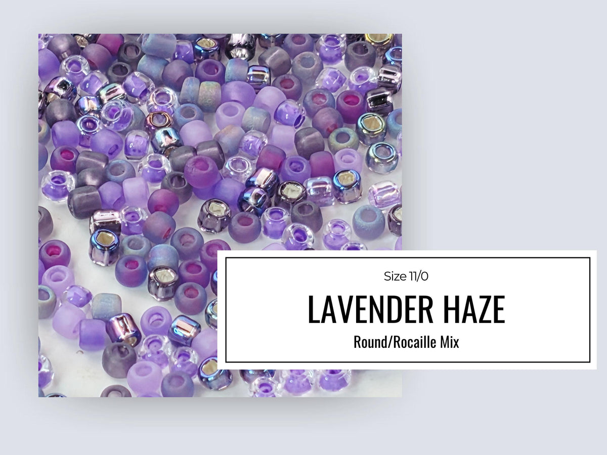 The image is a collage of various purple beads, including round and Rocaille-style beads, arranged in a visually appealing manner.