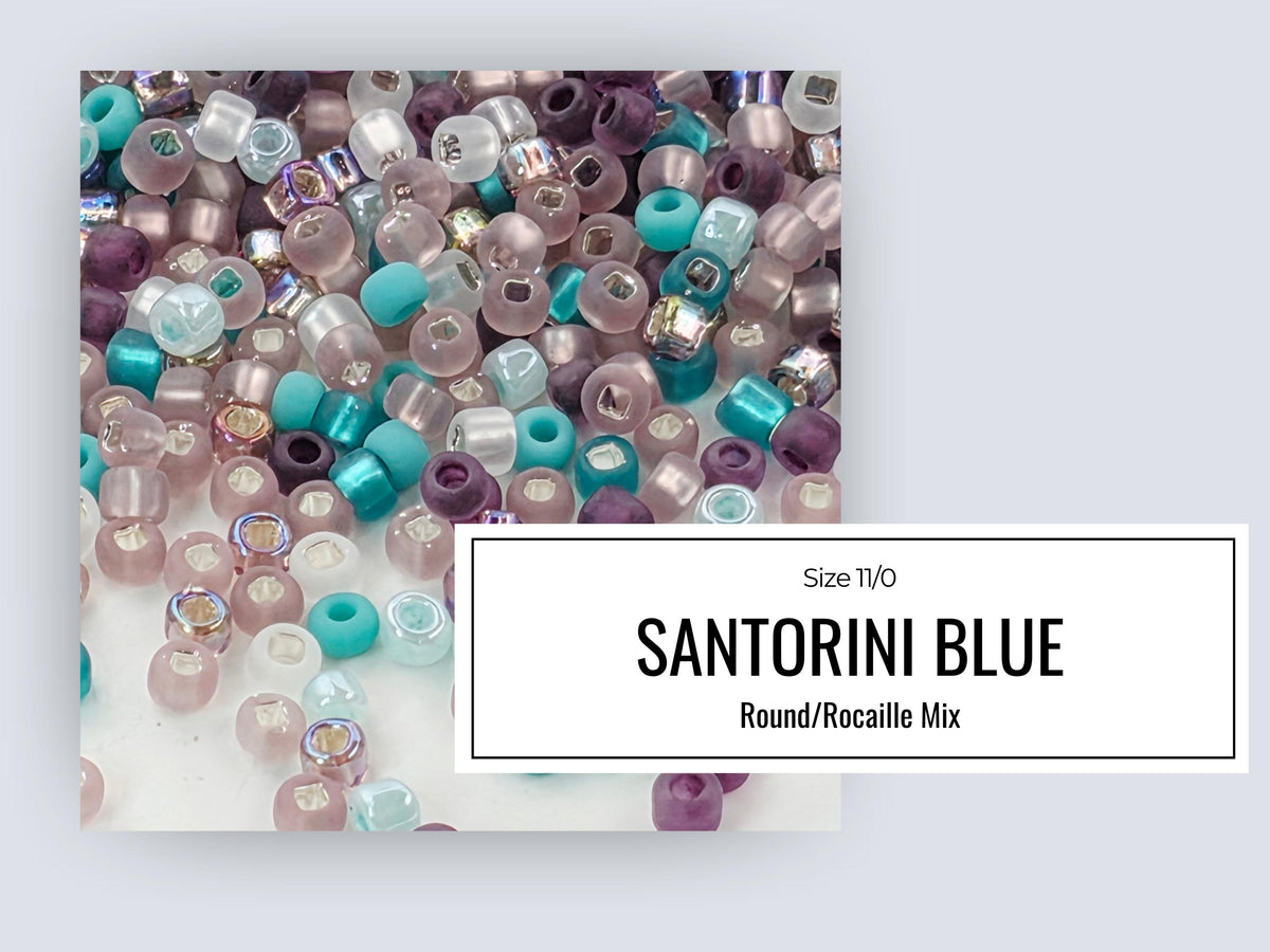 The image is a collage of various colored beads, including shades of blue, purple, and pink, scattered across a white background.