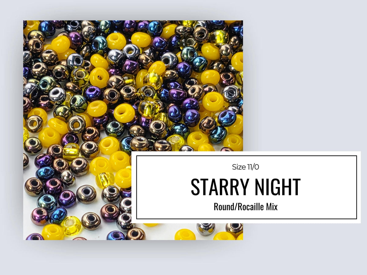 The image is a collage of various beads in different colors, including yellow, purple, and blue, scattered across a white background.