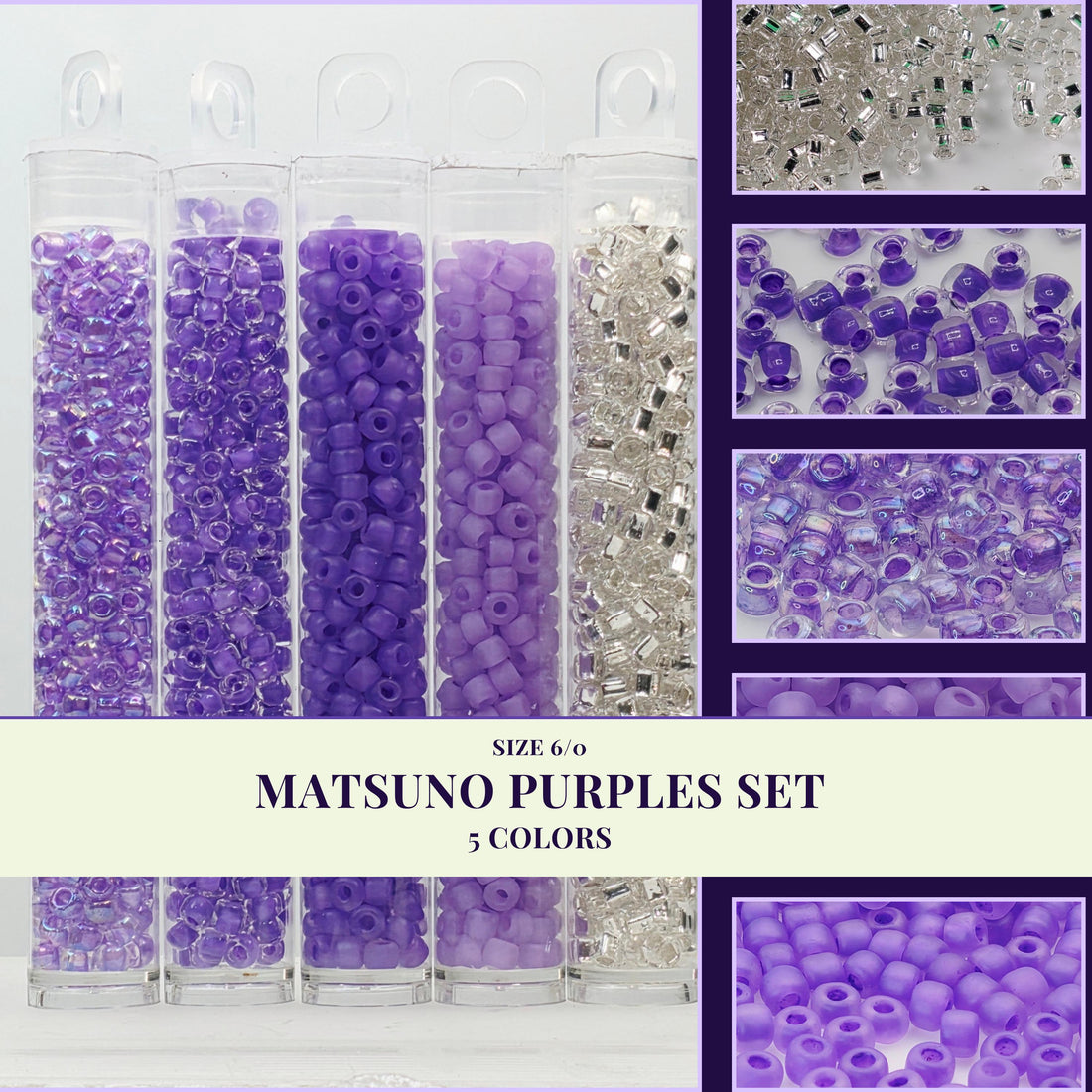 The image is a set of Matsuo Purple beads in various sizes, with clear plastic tubes holding the beads. The image also includes close-up shots of the purple beads in different sizes and arrangements.
