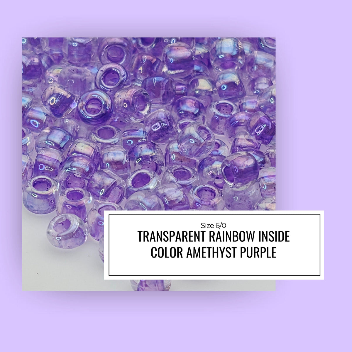The image is a close-up of numerous transparent beads in a vibrant purple color, with a label in the bottom right corner providing information about the beads.