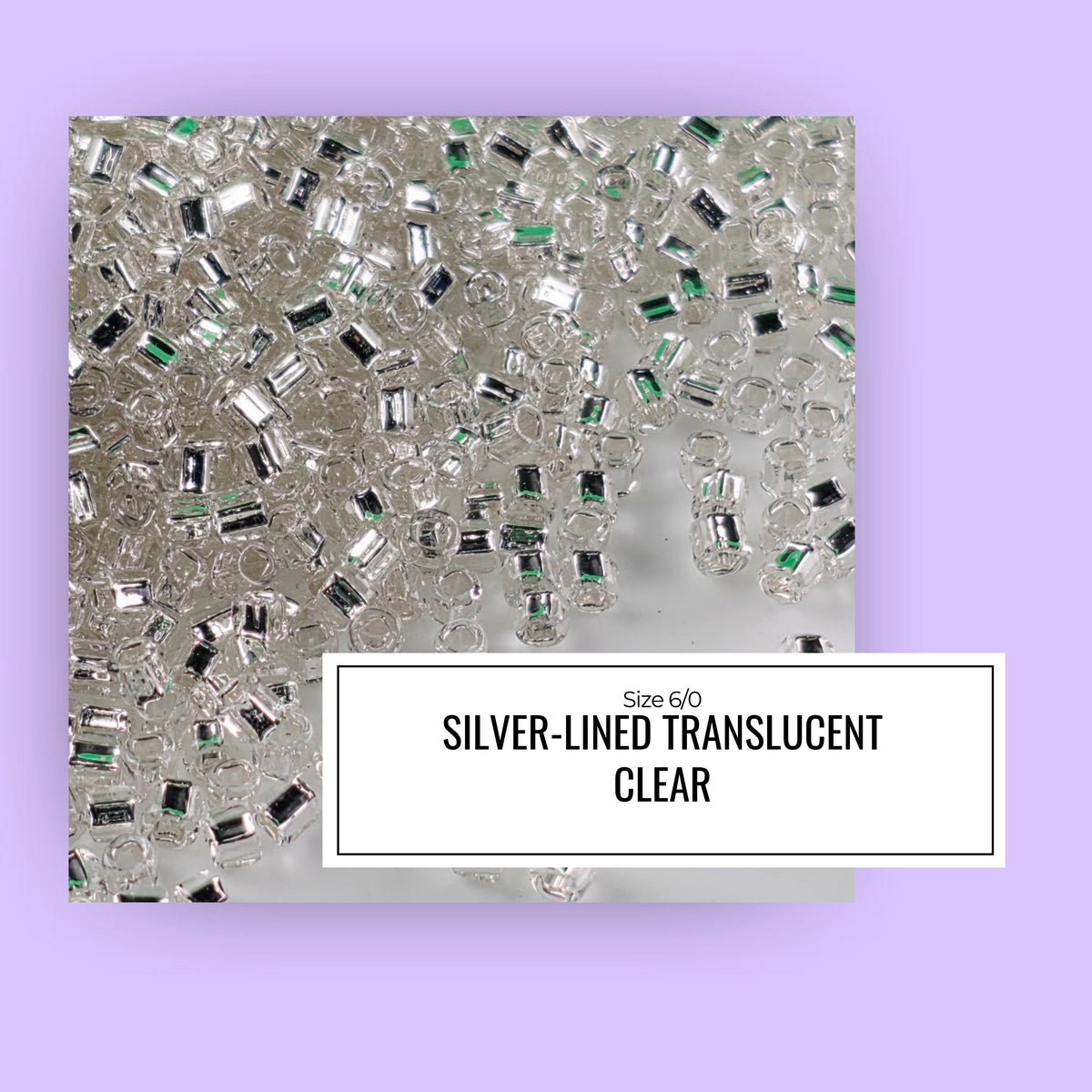 The image is a collage of various silver-colored transparent beads, with a label in the foreground providing information about the product.