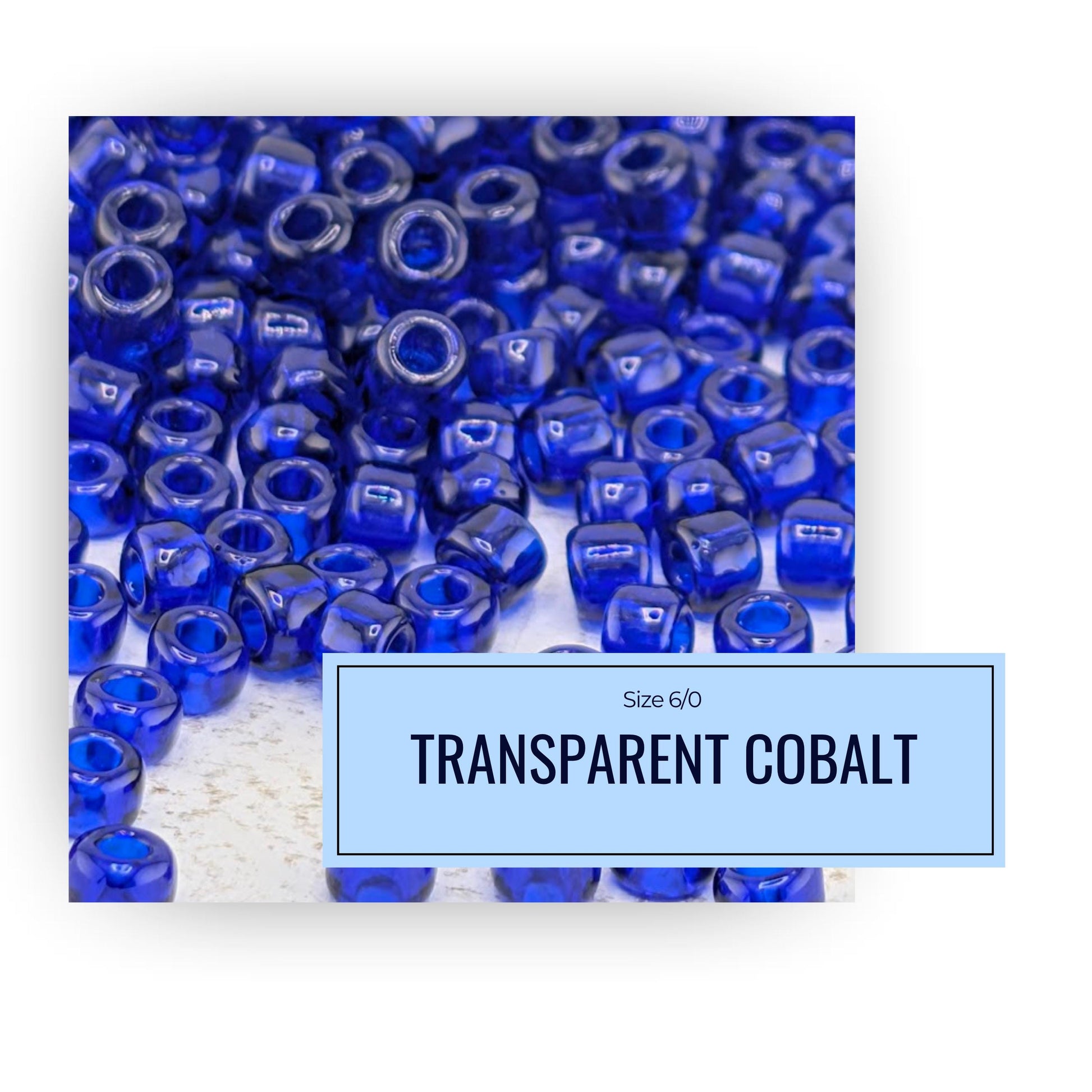 a close-up view of numerous blue cobalt glass beads, with a label indicating the size of the beads.
