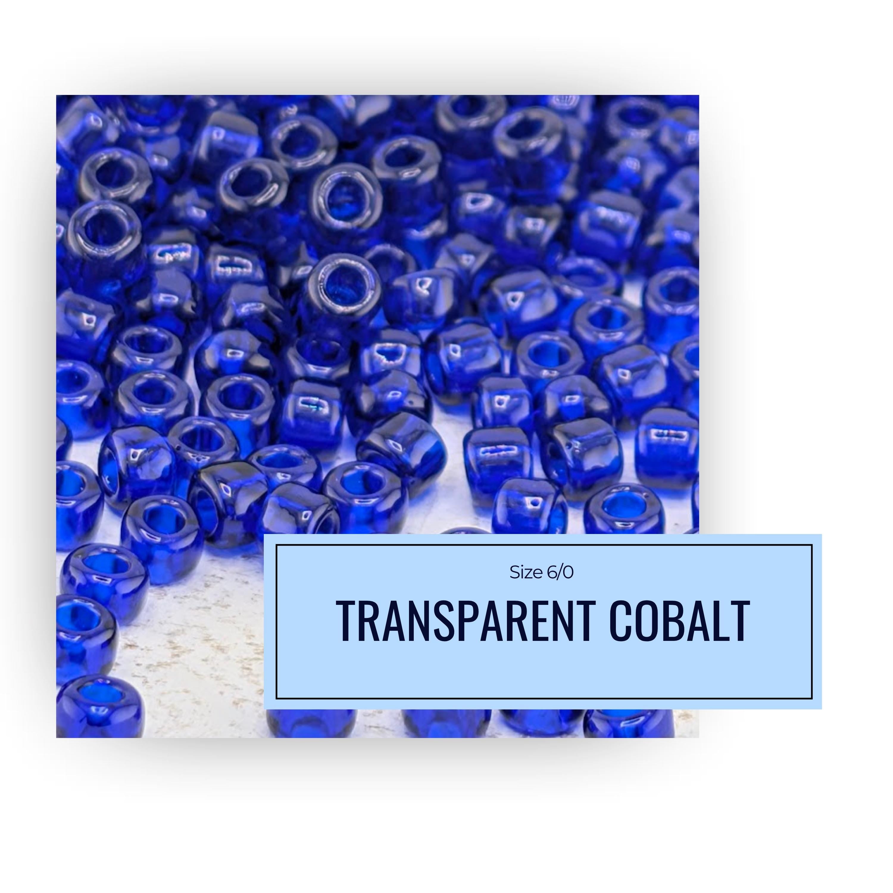a close-up view of numerous blue cobalt glass beads, with a label indicating the size of the beads.
