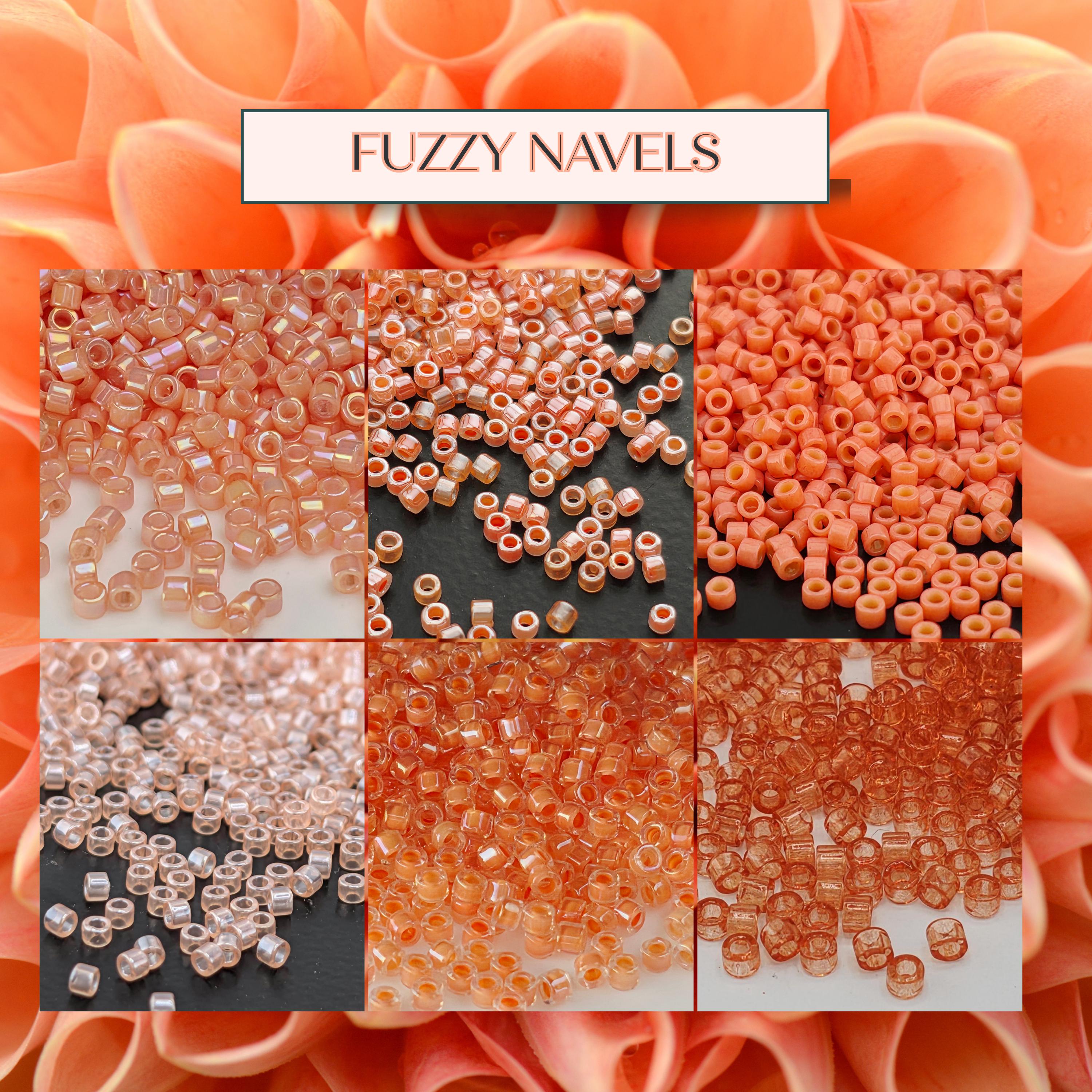 The image is a collage of six different images, each showcasing various shades of orange and pink beads or sequins. The images are arranged in a grid format, with each row containing three images. The text "FUZZY NAVELS" is prominently displayed in the top center of the image.