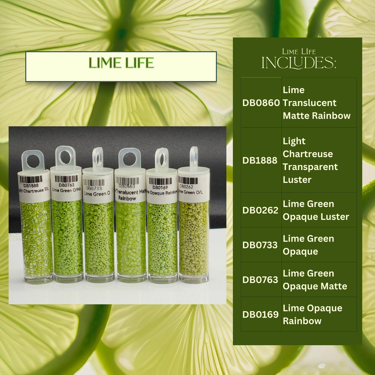 a collection of green glass beads in various shades of green, including lime green, light green, chartreuse, transparent luster, and other shades of green.