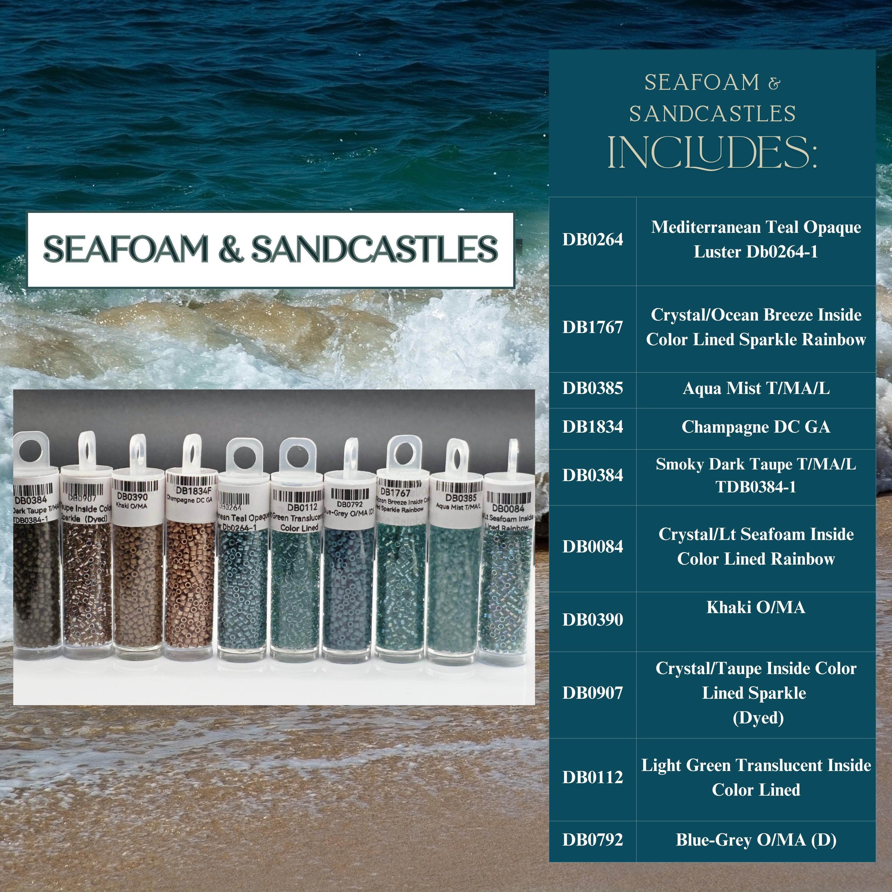 The image is a collage of various bottles containing different colored sea foam and sandcastles, with a backdrop of a beach and ocean.