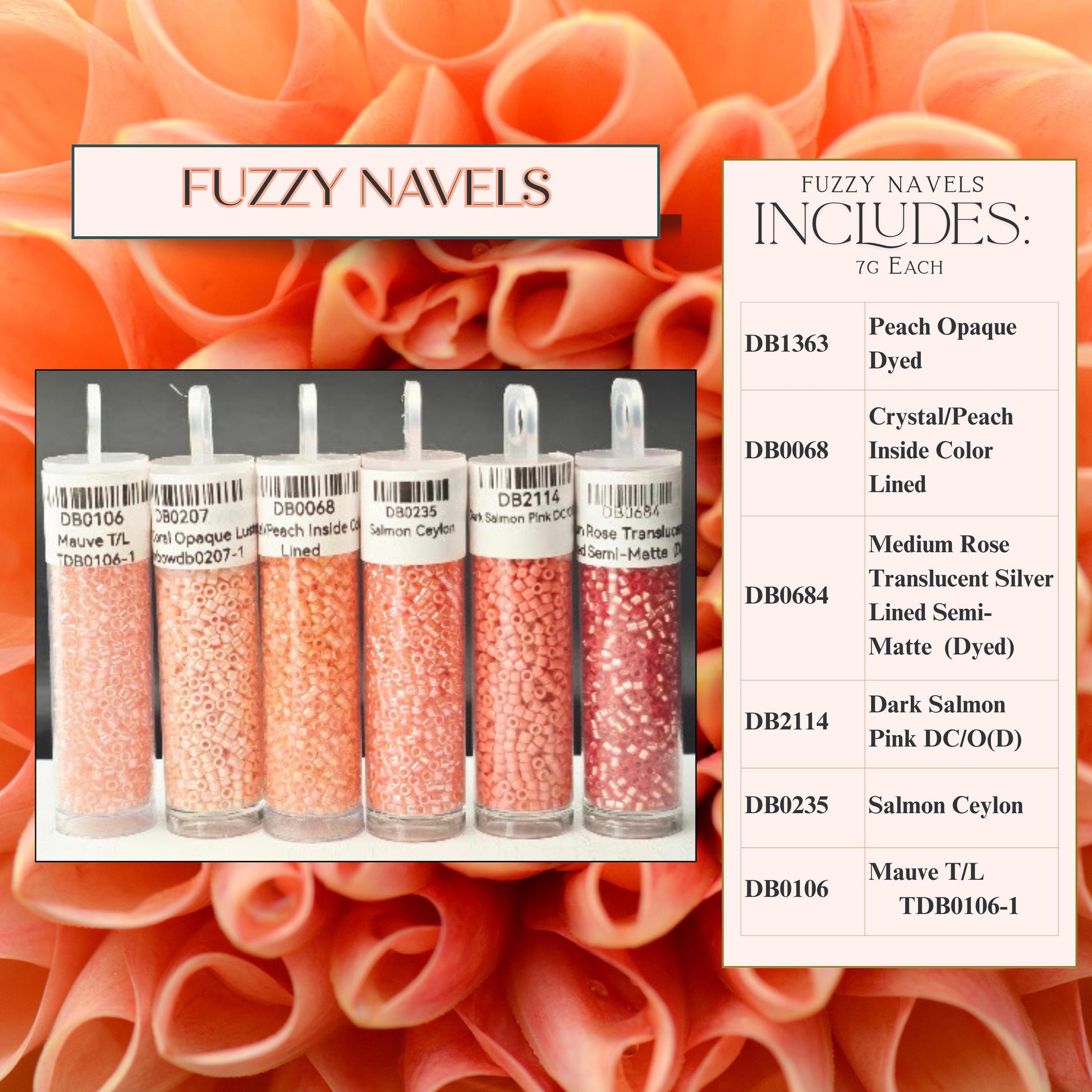 The image is a collage of five different colored glass beads, each labeled with its name and color, arranged in a row. The beads are labeled as "Fuzzy Nails" and are described as "Fuzzy Nails" and "Fuzzy Nails" in the image description.