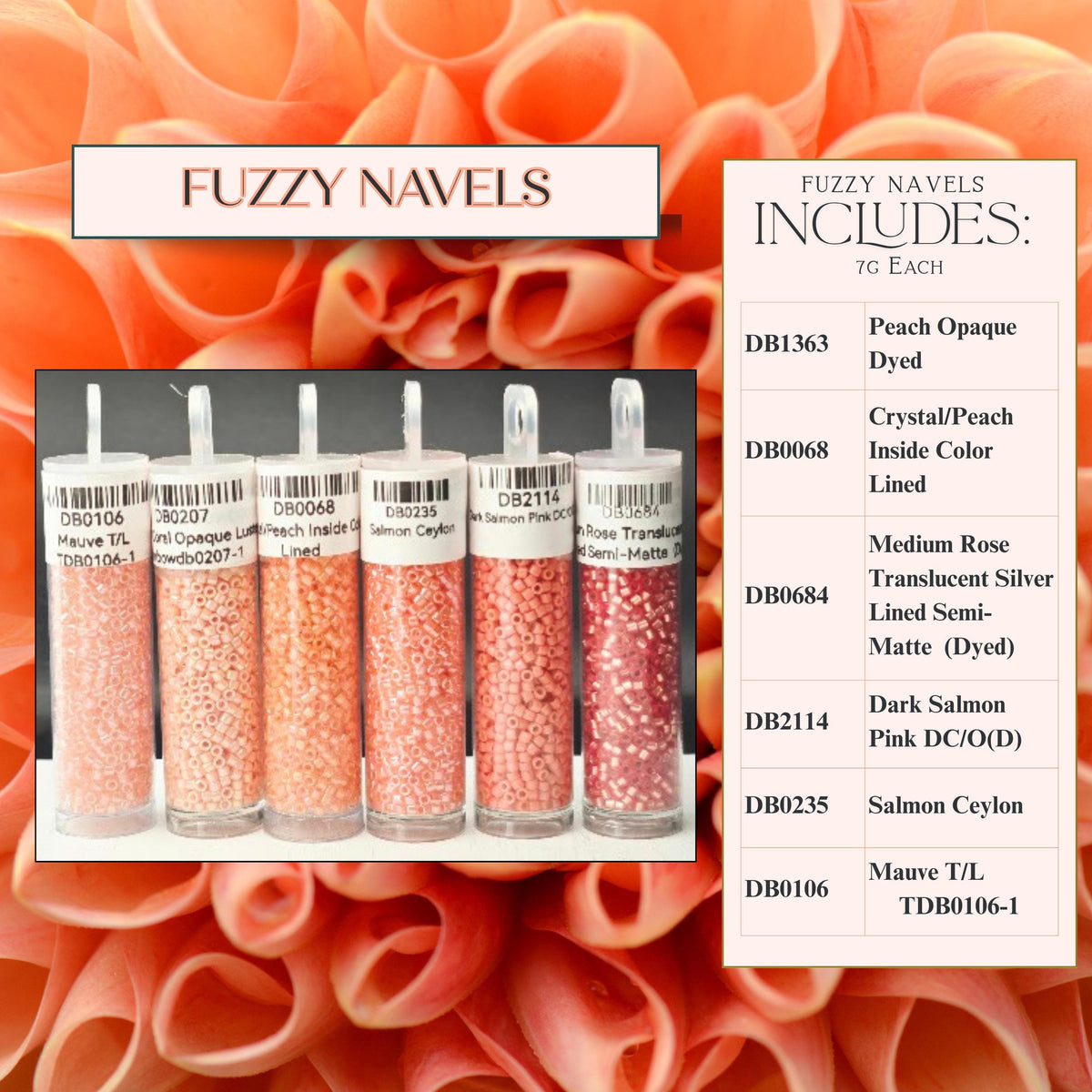 The image is a collage of five different colored glass beads, each labeled with its name and color, arranged in a row. The beads are labeled as "Fuzzy Nails" and are described as "Fuzzy Nails" and "Fuzzy Nails" in the image description.