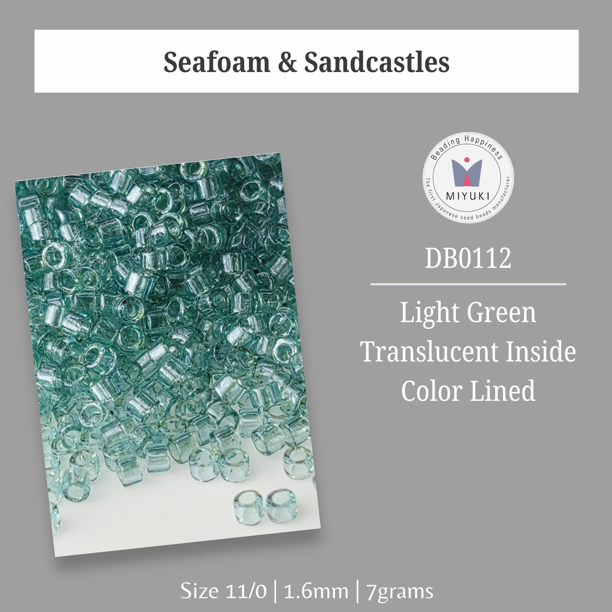 a collection of small, clear beads in various shades of green, arranged in a visually appealing manner. The beads are transparent, allowing their colors to be visible through the glass. The image is described as a "Light Green Translucent Inside Color Lined" and is labeled as a "Seafoam & Sandcastles" product. The size of the beads is described as "Size 11/0 | 1.6mm | 7grams".