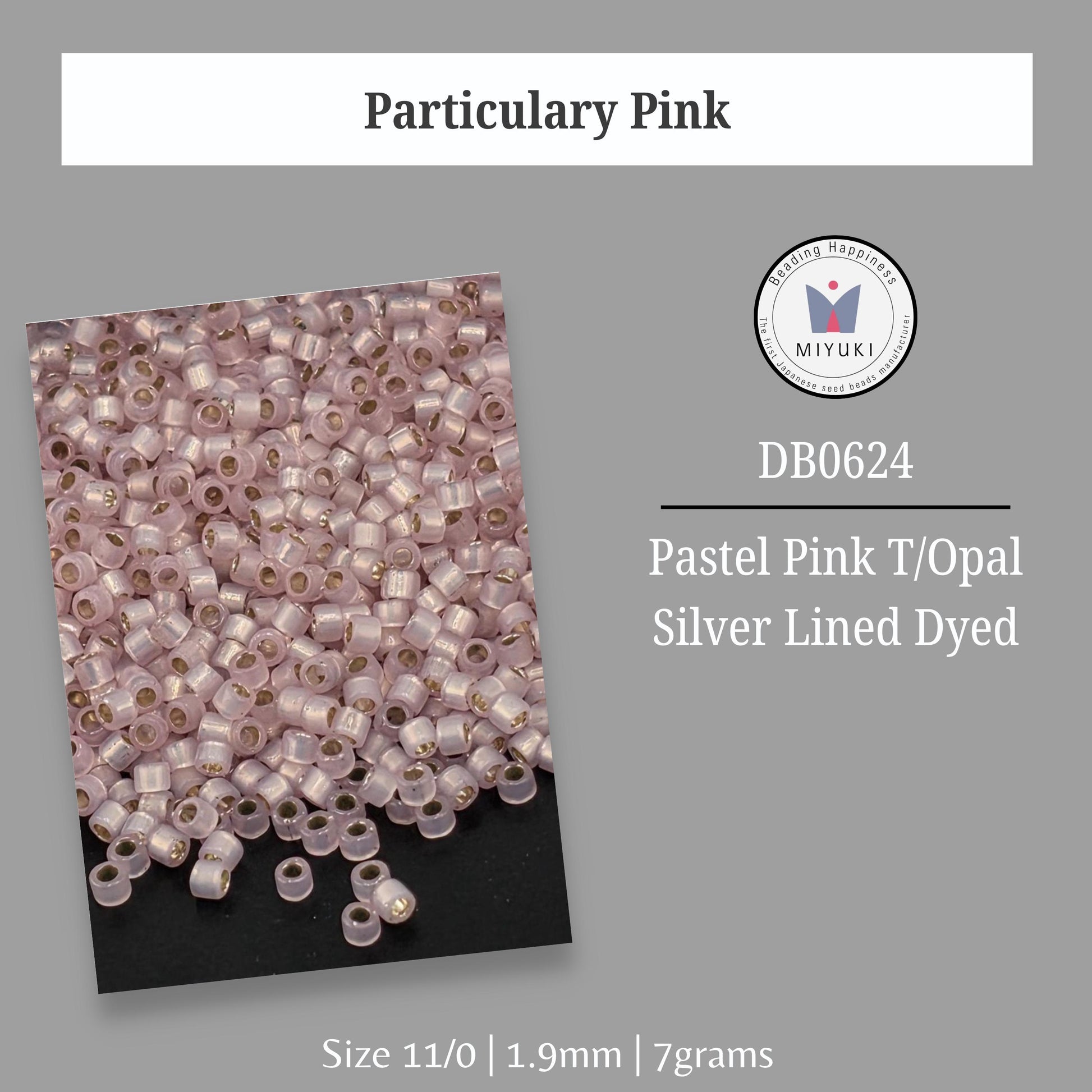a collection of pink and silver beads, with the text indicating the size and material of the beads.