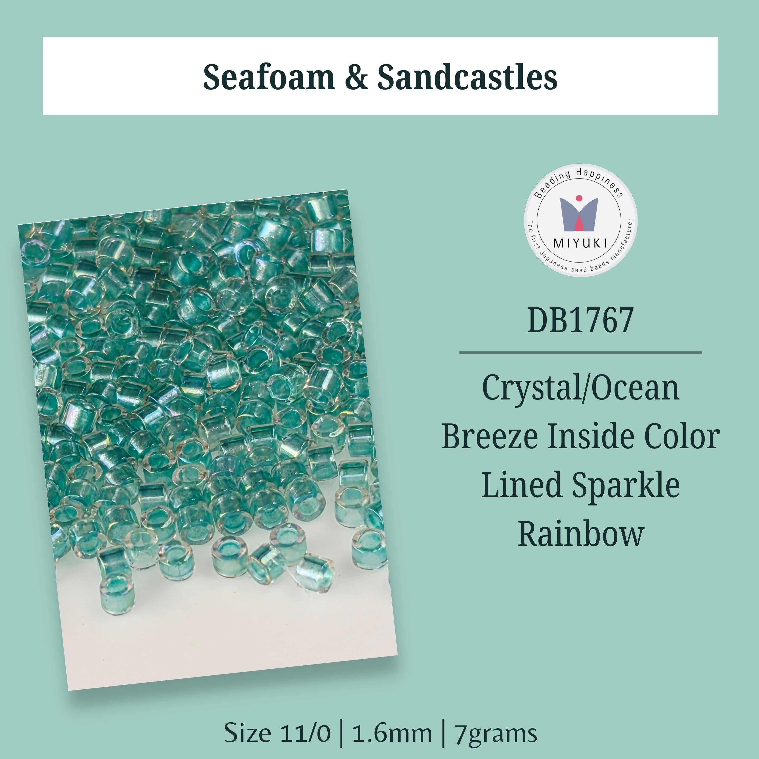 The image is a collage of multiple images featuring a collection of aqua-colored beads, including sea foam and sandcastles, arranged in a visually appealing manner.