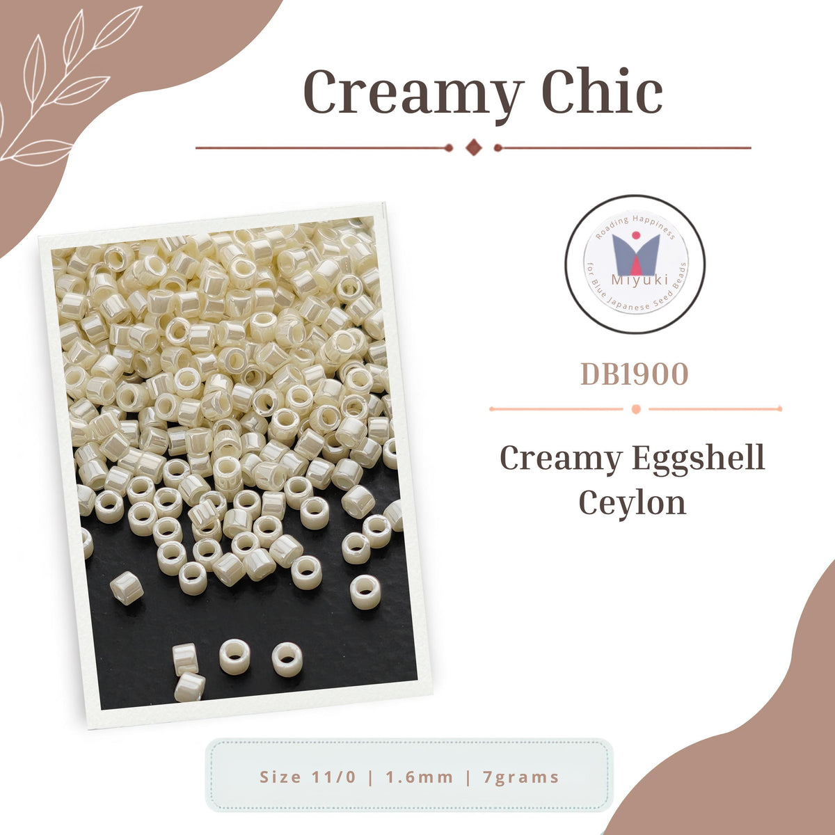a collection of cream-colored eggshell beads, specifically Ceylon beads, arranged on a dark background.