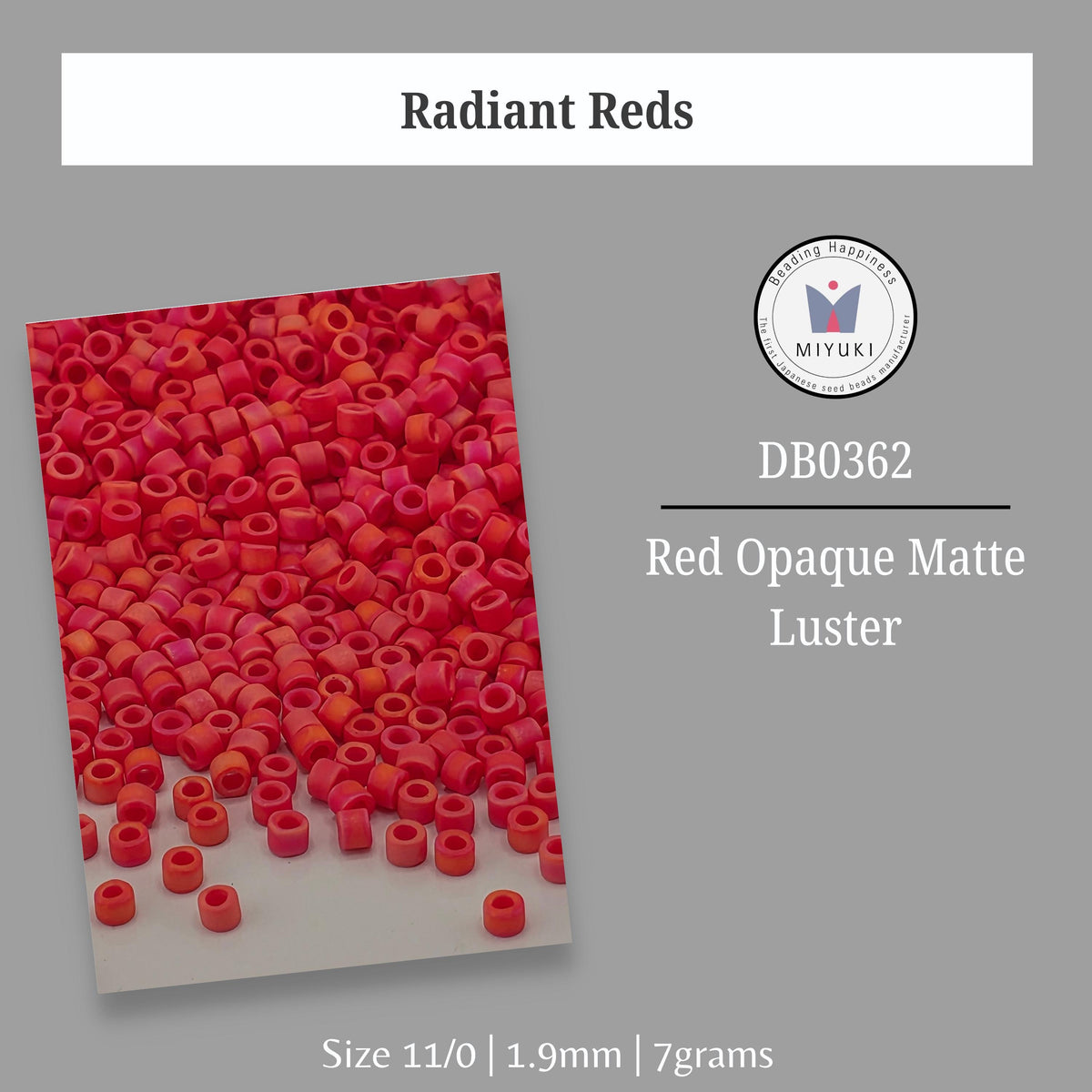 a collection of red beads or beads in a variety of sizes, including 11/0, 1.9mm, and 7 grams.