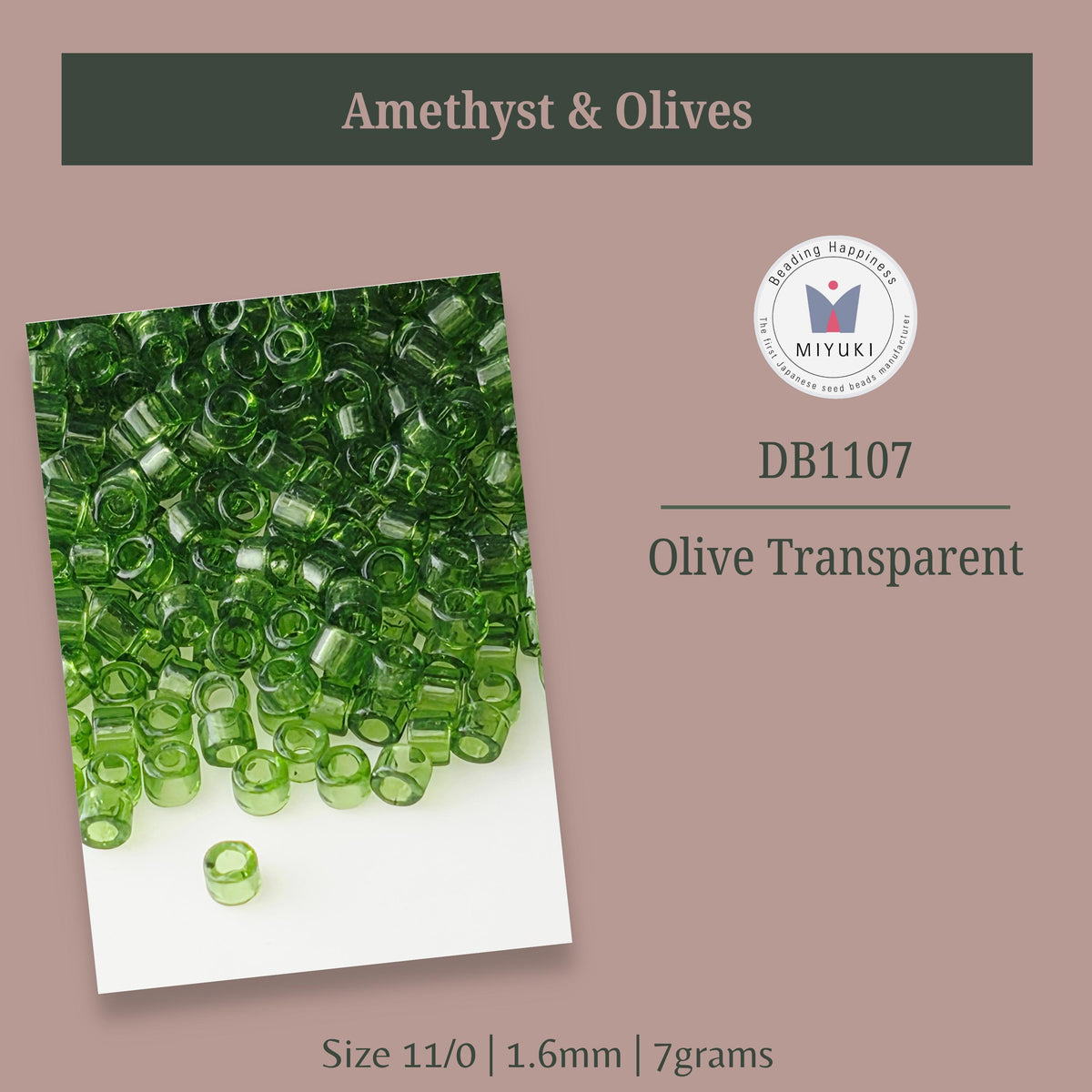 a collection of green glass beads, specifically Amethyst and Olive transparent beads, arranged in a pile.