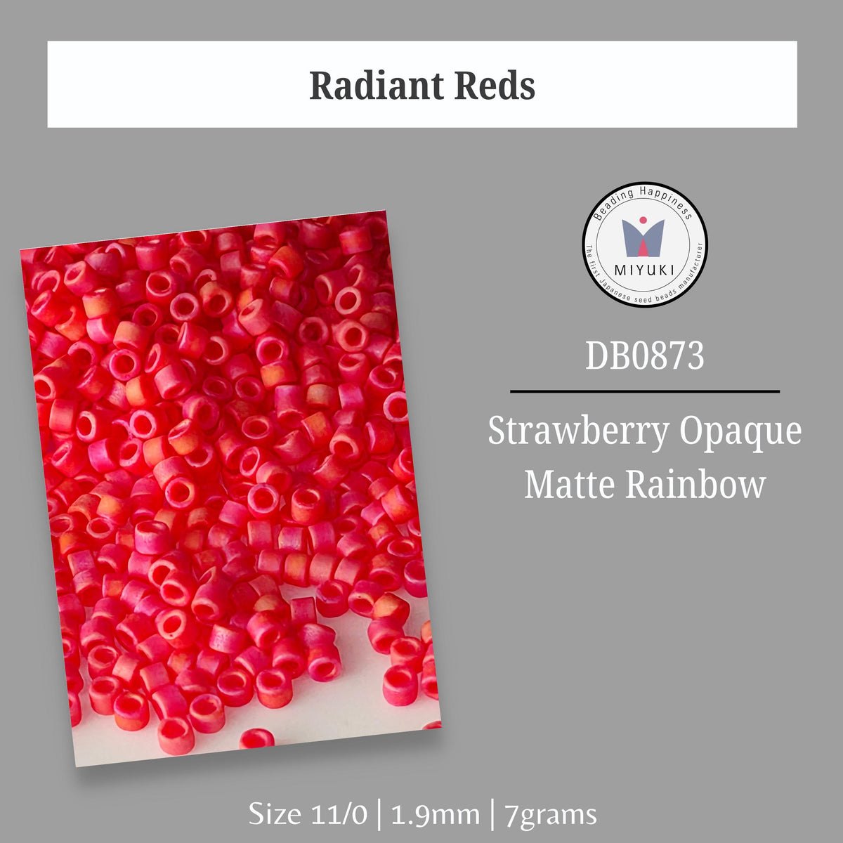 a close-up of a pile of red and orange beads, likely made of a material like plastic or rubber. The image is labeled with the text "Radiant Reds" and "Strawberry Opaque Matte Rainbow" along with the size and weight information.