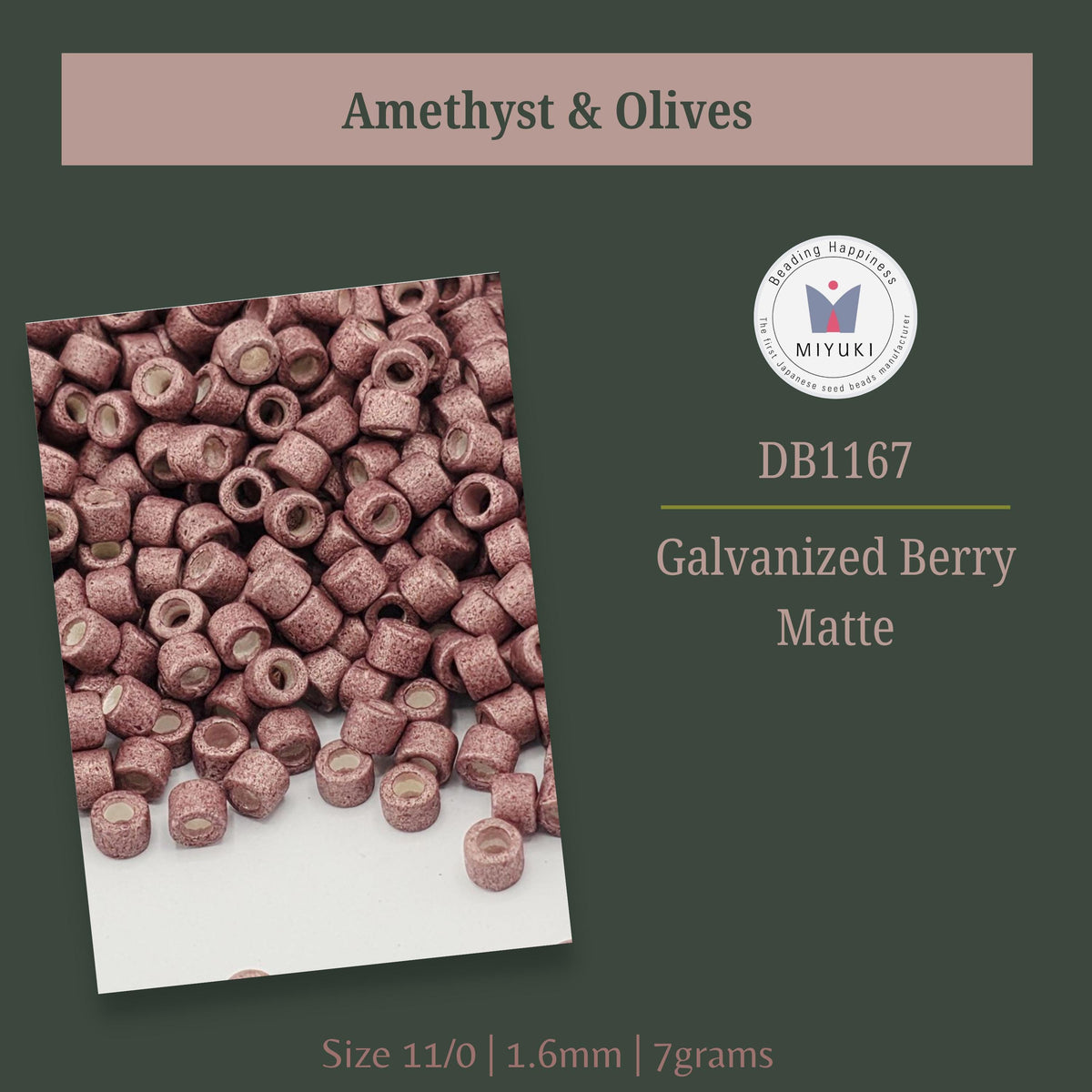 a collection of pink, metallic beads or beads in a metallic color, possibly amethyst and olives, arranged in a visually appealing manner.