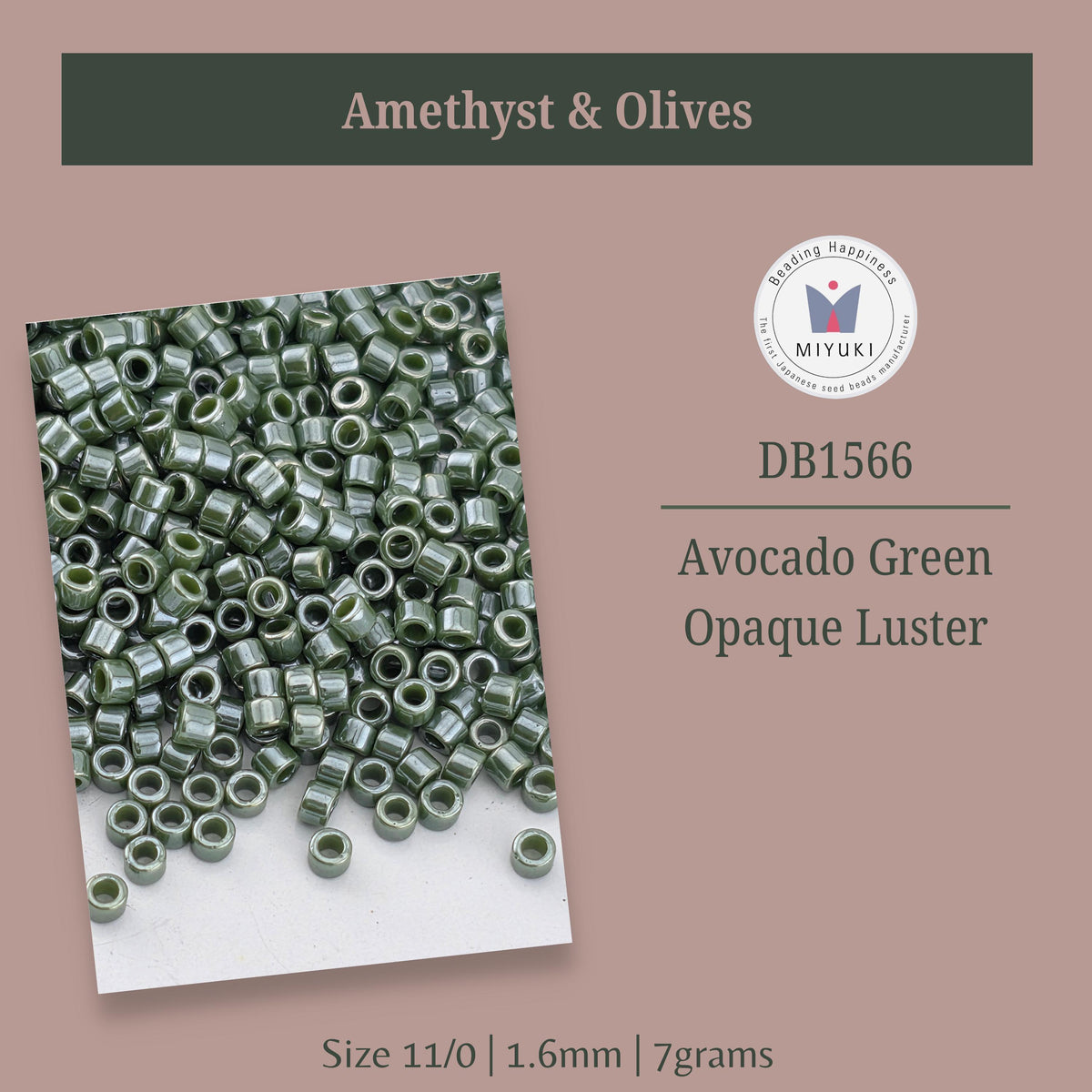 a collection of green beads, specifically avocado green and opaque luster, arranged in a pile. The image also includes text providing information about the beads, including their size and weight.