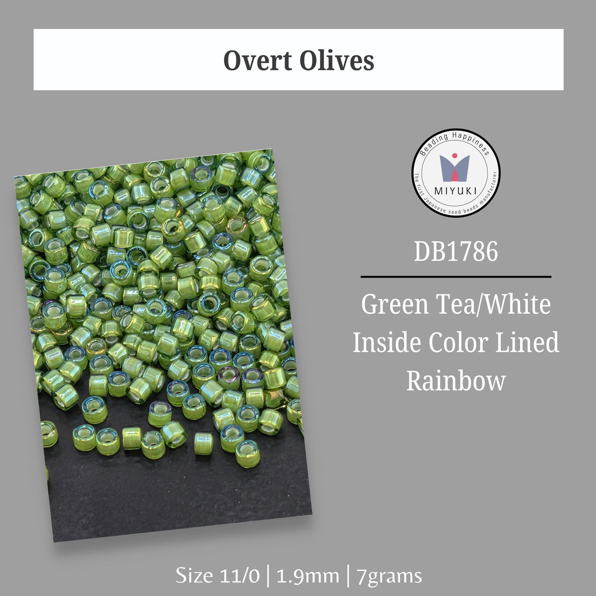 a collection of green glass beads, specifically green tea white beads, arranged in a rainbow-like pattern. The beads are lined up and appear to be of various sizes. The image is described as a collage of multiple images and is labeled with the text "DB1786 Green Tea/White Inside Color Lined Rainbow Size 11/0 | 1.9mm | 7grams".