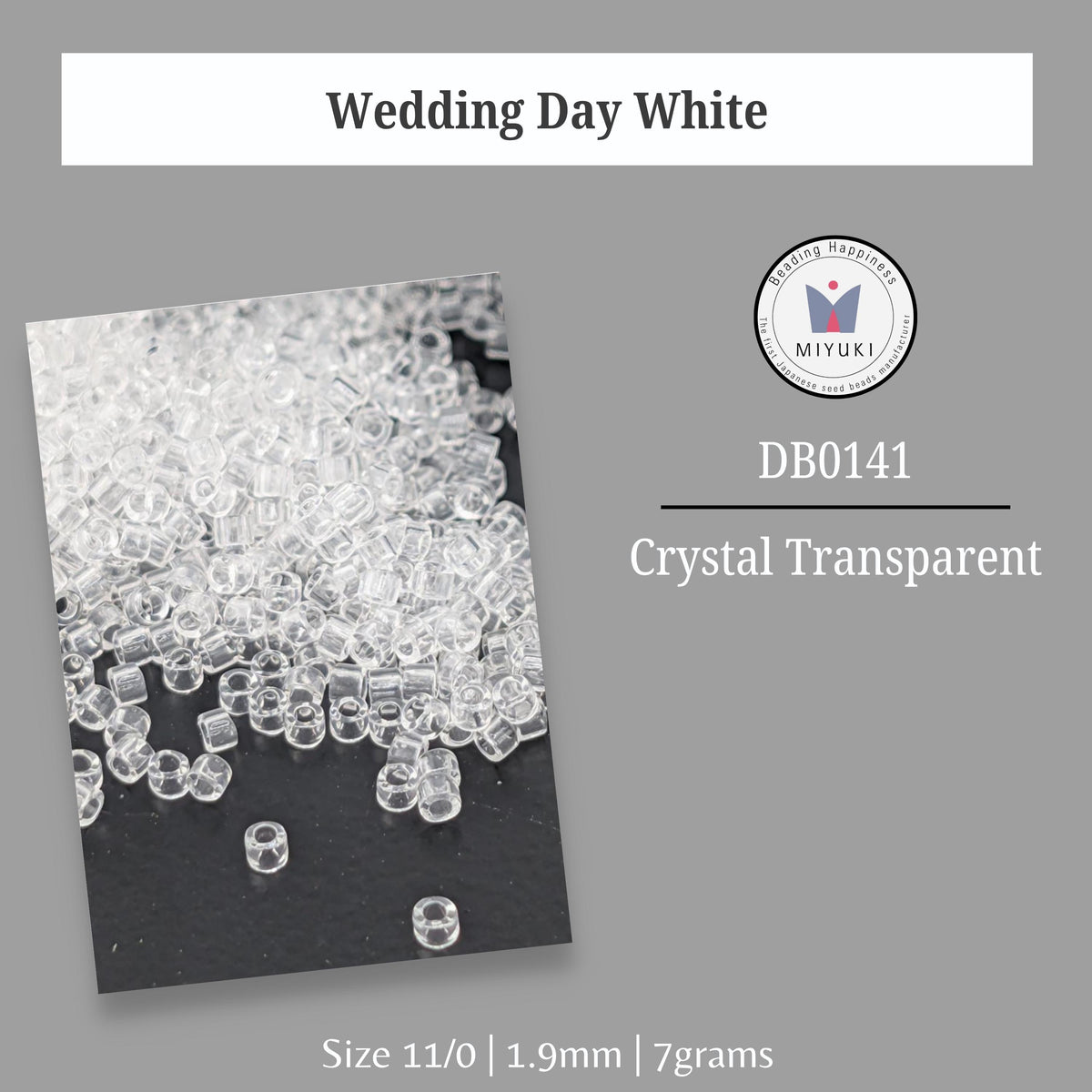 a pile of clear, transparent beads in various sizes, with a focus on the size 11/0 (1.9mm) and 7 grams.