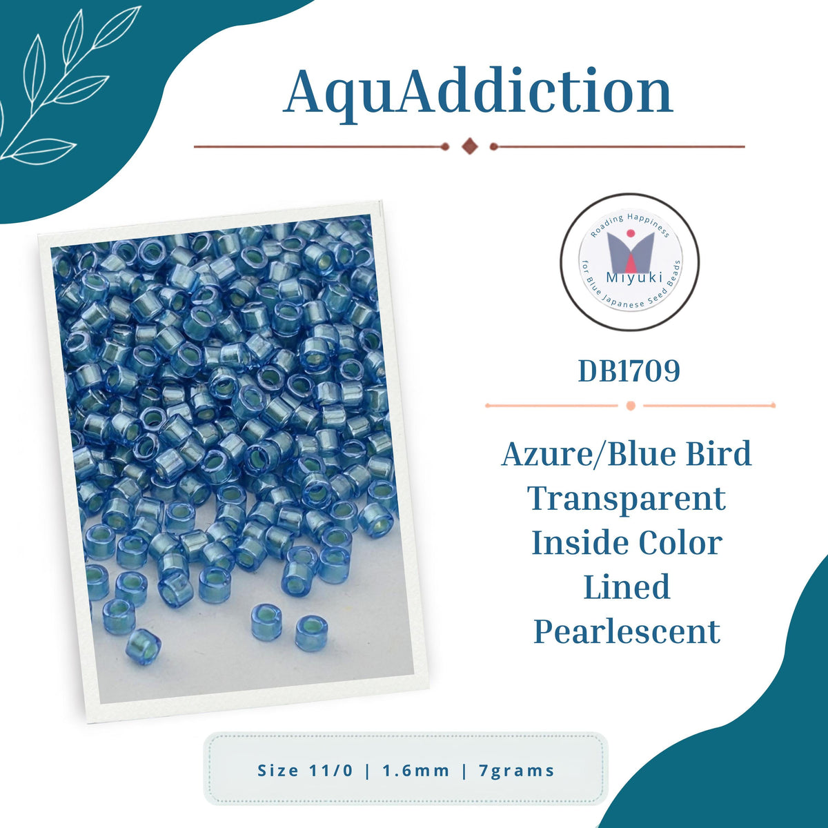 a collection of blue beads, specifically azure/blue bird transparent beads, lined in pearlscent. The beads are of various sizes, ranging from 11/0 to 1.6mm, and weigh 7gms.