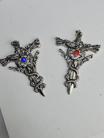 Set of 2 Gothic Style Alloy Cross Pendants with Red and Blue Rhinestone Accents