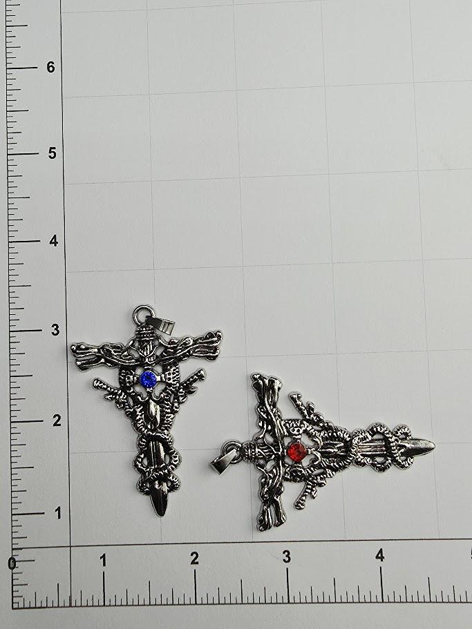 Set of 2 Gothic Style Alloy Cross Pendants with Red and Blue Rhinestone Accents