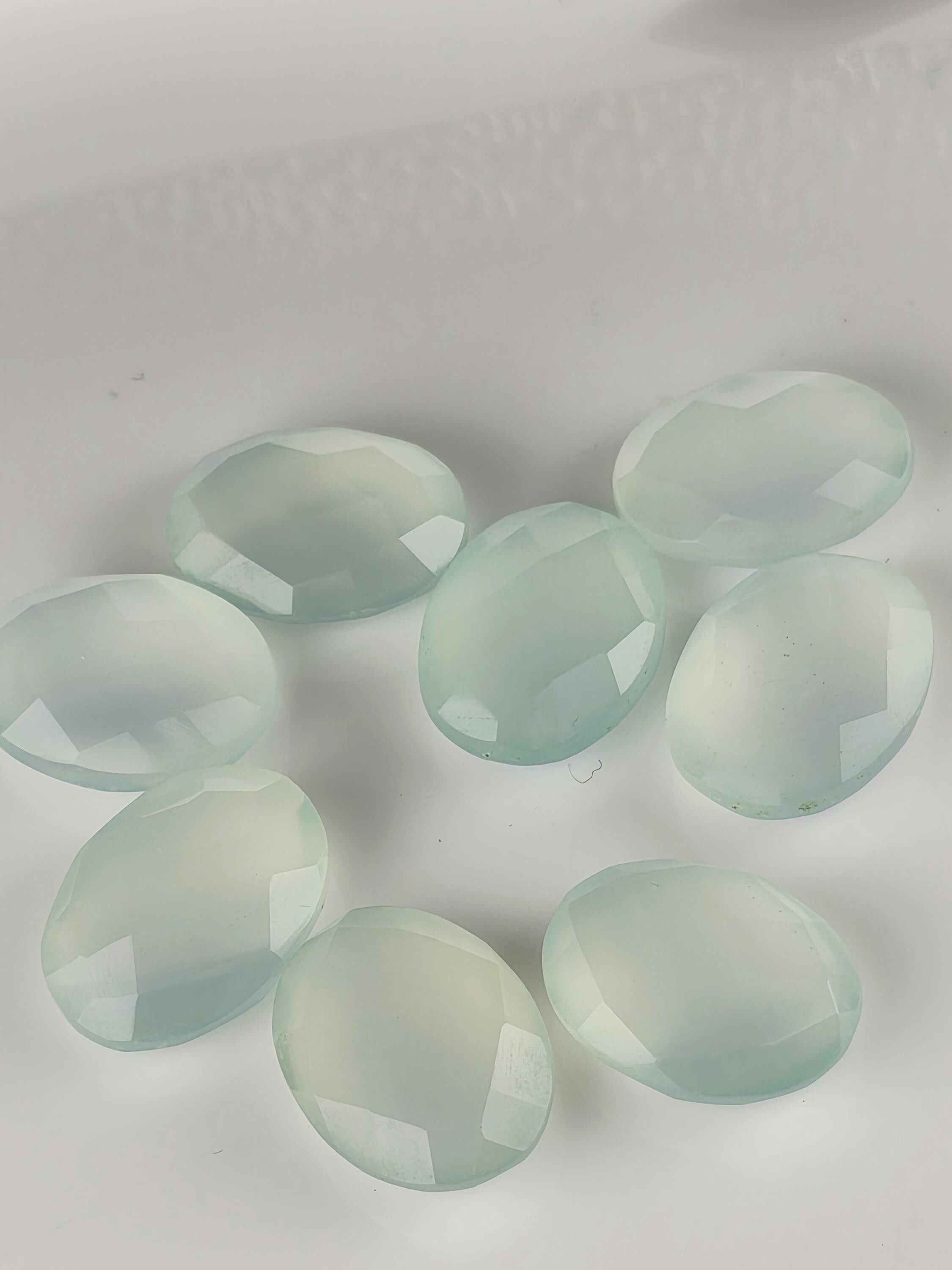 Aqua Chalcedony Gemstone Wire Wrapping Bezel Setting Gem Jewelry Making Supply Loose Double Sided Checkerboard Facet Cut Stone Oval 16x12mm